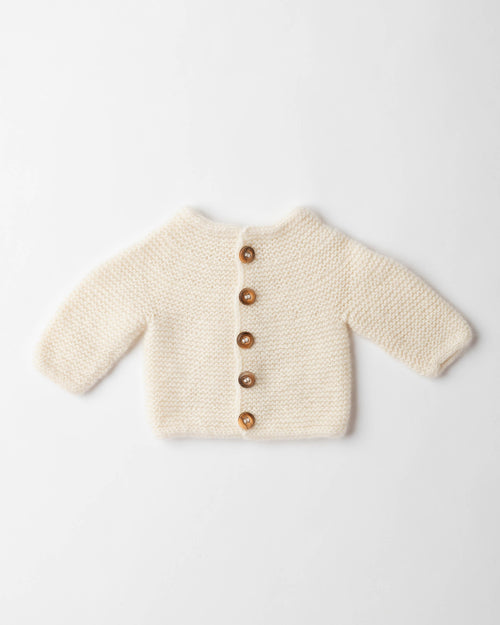 white cashmere baby cardigan hand-knitted in garter stitch