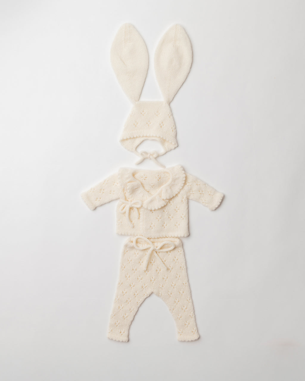 Pointelle Cashmere Wrap Cardigan, Leggings and Bunny Bonnet Set