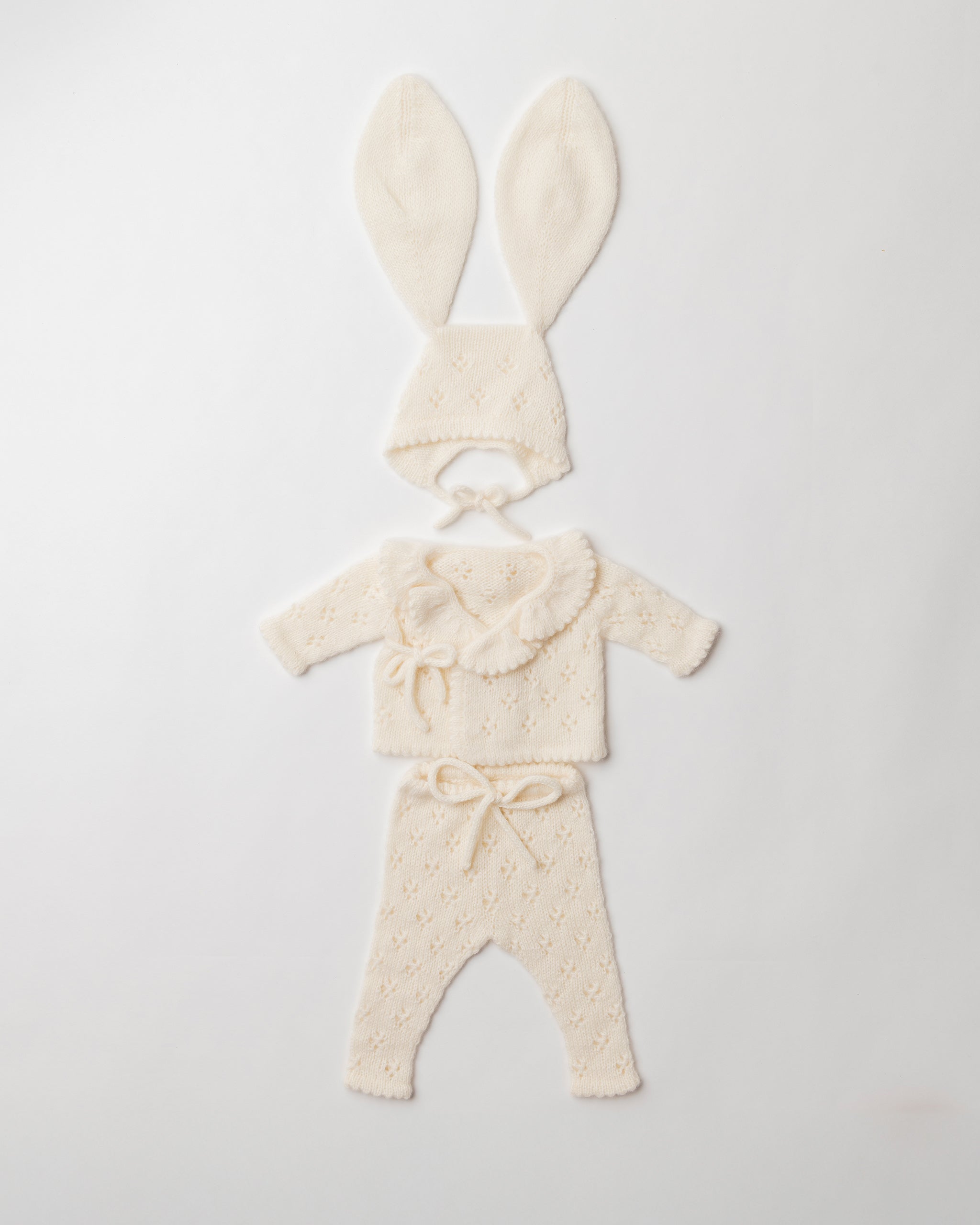 Pointelle Cashmere Wrap Cardigan, Leggings and Bunny Bonnet Set