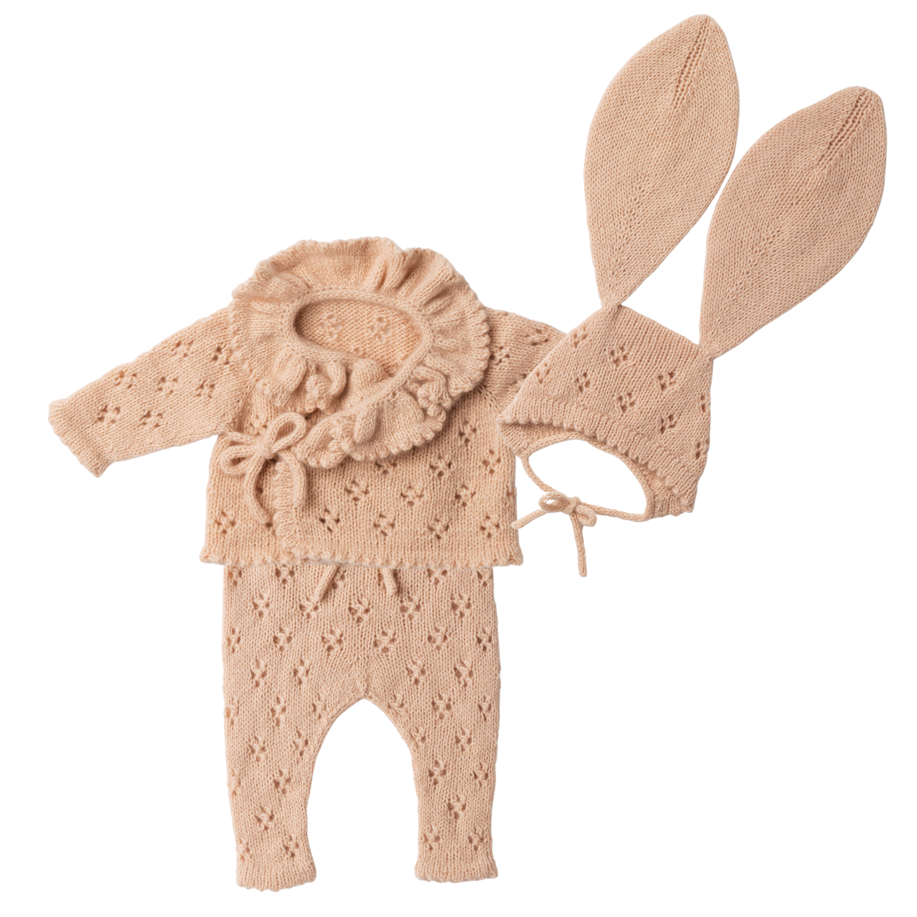 Pointelle Cashmere Wrap Cardigan, Leggings and Bunny Bonnet Set