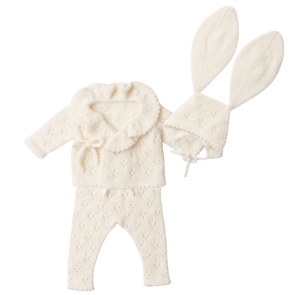 Pointelle Cashmere Wrap Cardigan, Leggings and Bunny Bonnet Set